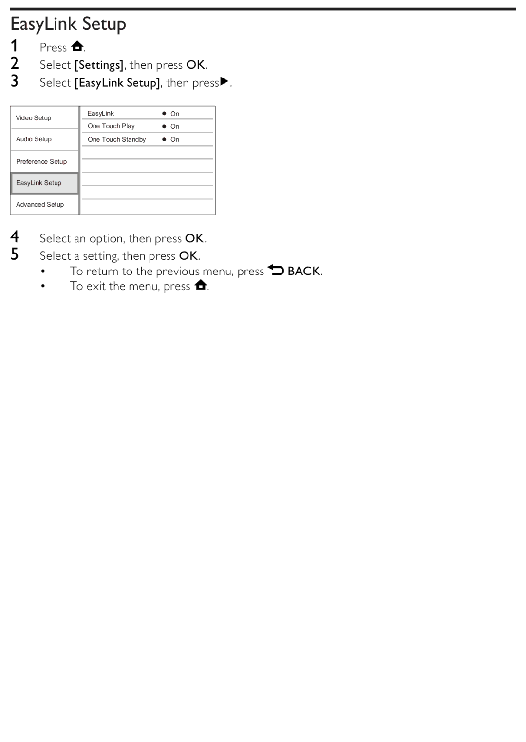 Philips BDP2500/12 user manual EasyLink Setup 