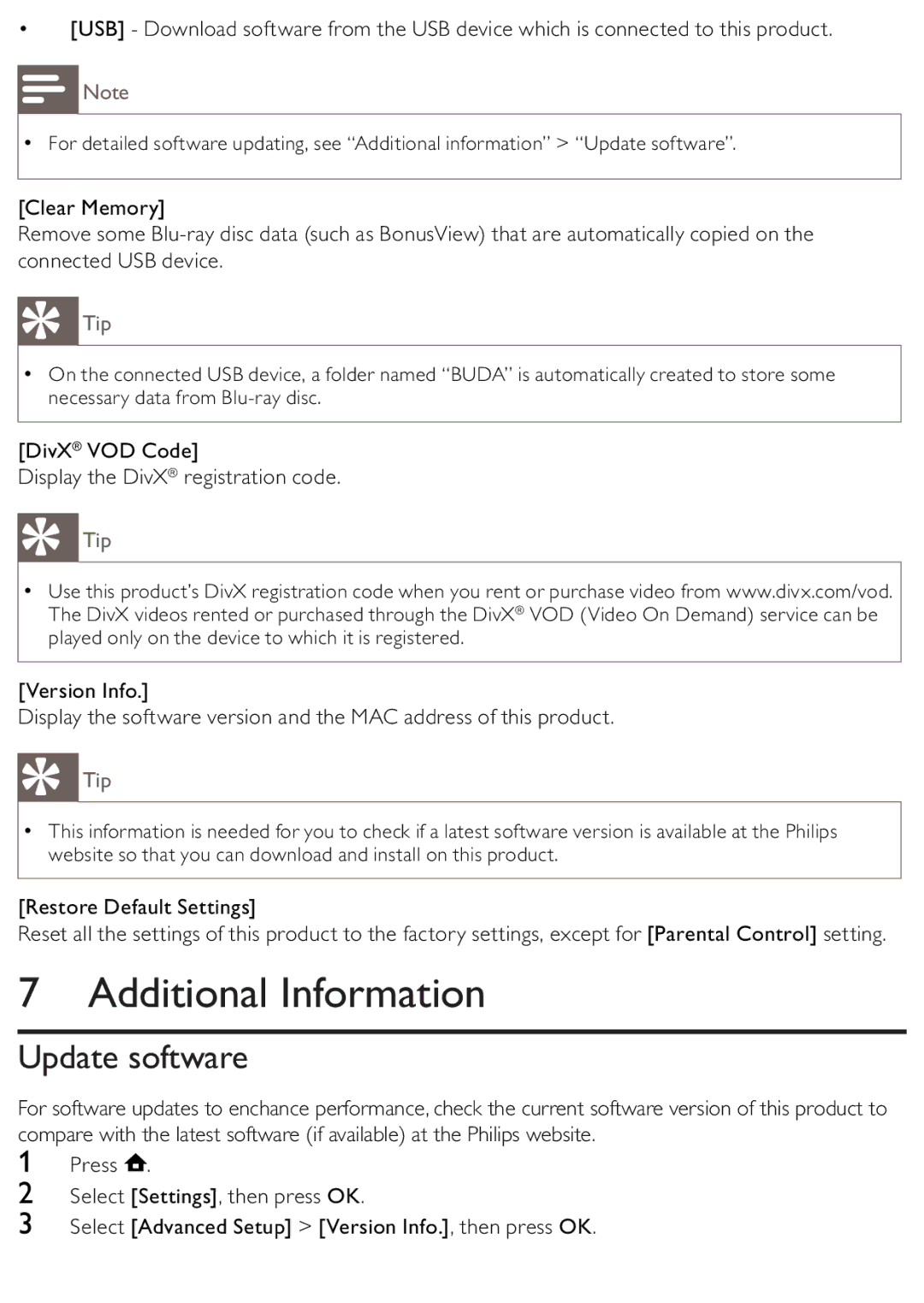 Philips BDP2500/12 user manual Additional Information, Update software 