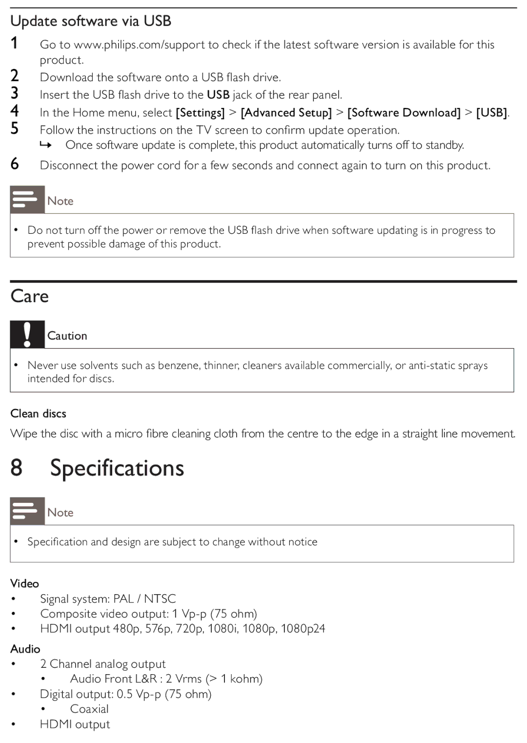 Philips BDP2500/12 user manual Specifications, Care, Update software via USB 