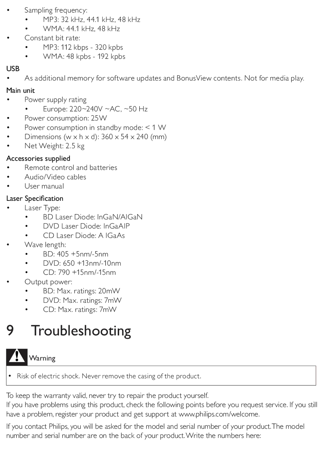 Philips BDP2500/12 user manual Troubleshooting, Usb 