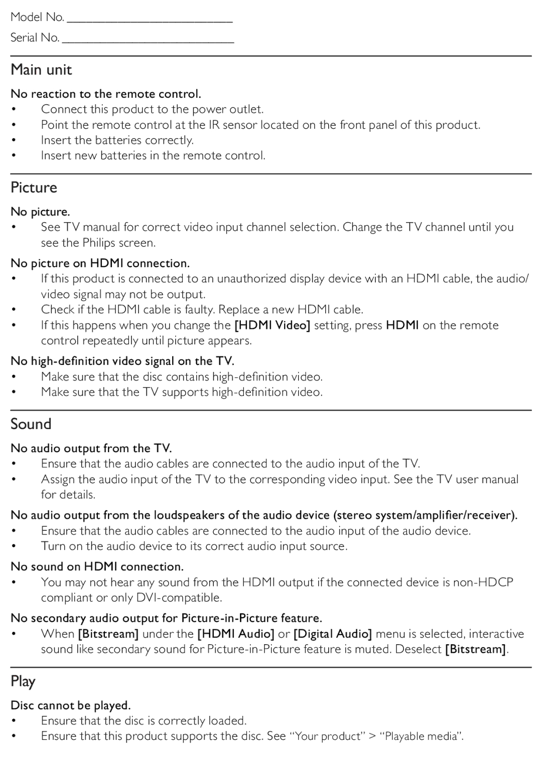 Philips BDP2500/12 user manual Picture, Sound, Play 