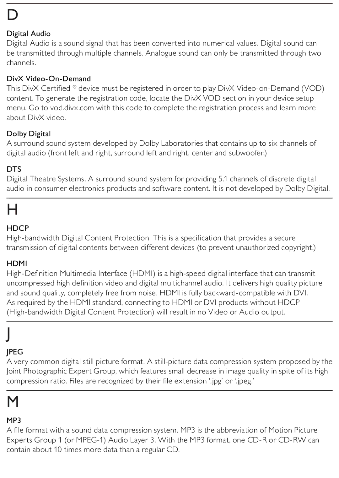 Philips BDP2500/12 user manual Dts, Hdcp, Hdmi, Jpeg, MP3 