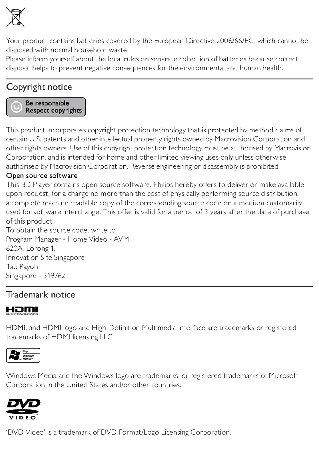 Philips BDP2500/12 user manual Copyright notice, Trademark notice 