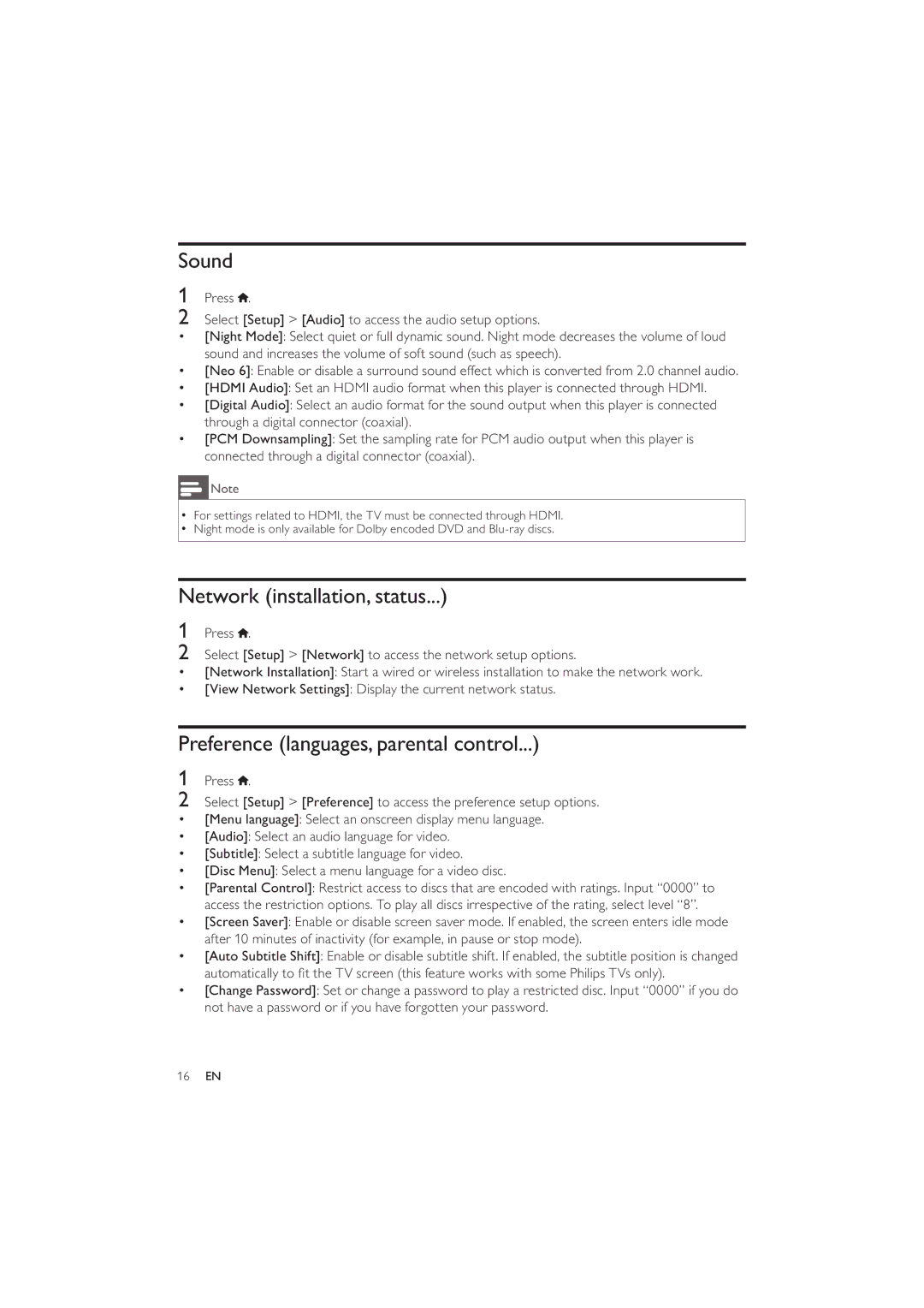 Philips BDP2600 user manual Sound, Network installation, status, Preference languages, parental control 