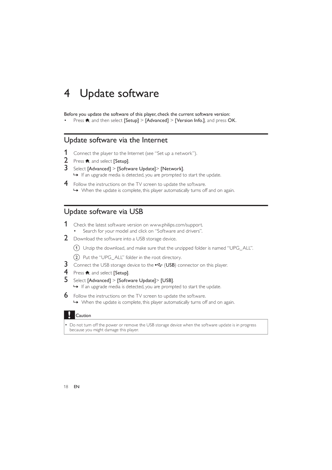 Philips BDP2600 user manual Update software via the Internet, Update software via USB 