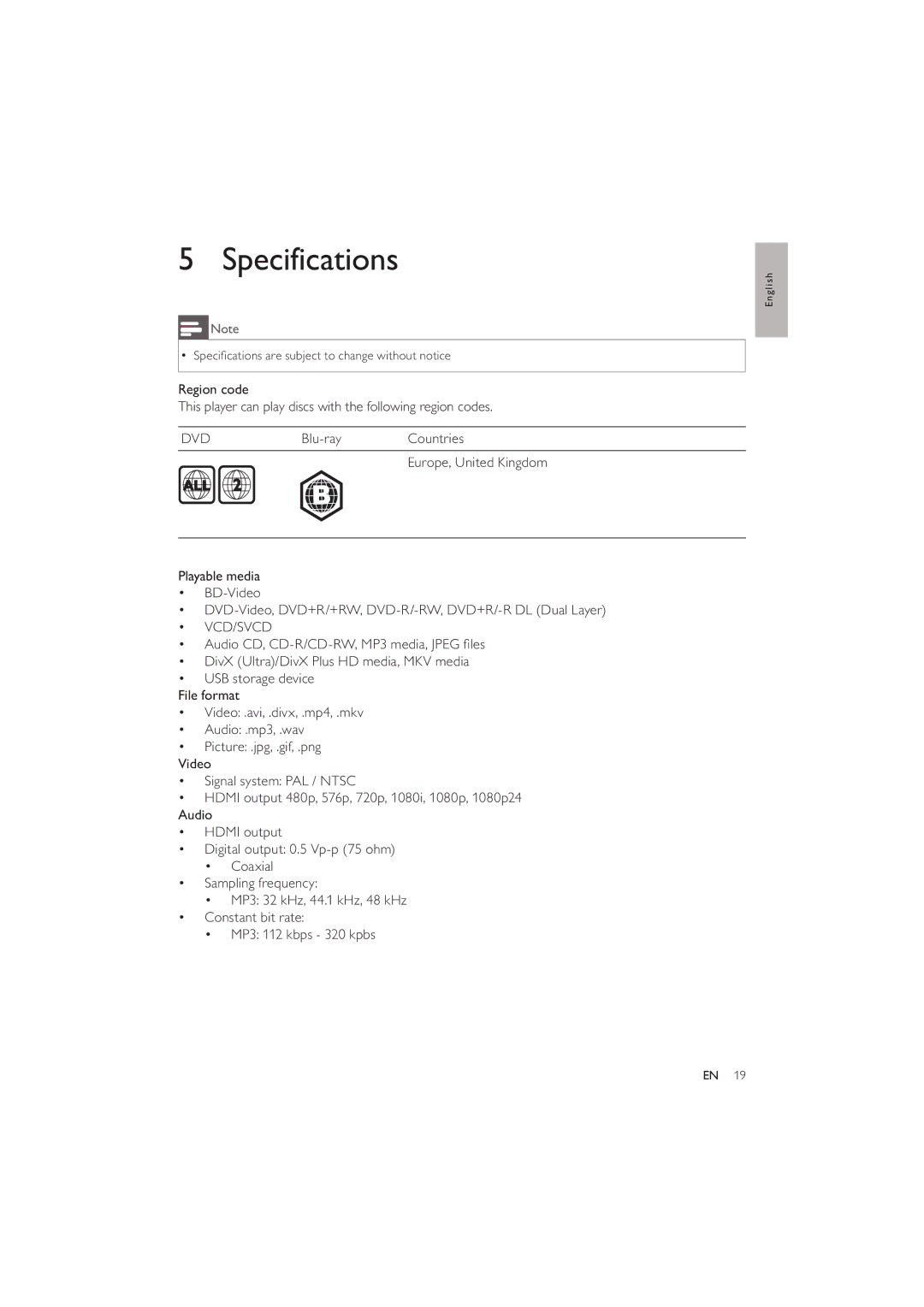 Philips BDP2600 user manual Specifications, Dvd 