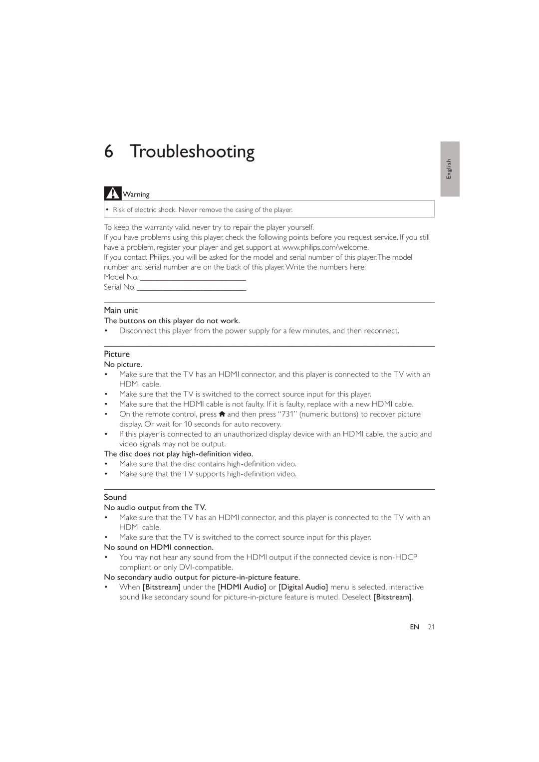 Philips BDP2600 user manual Troubleshooting, Main unit 