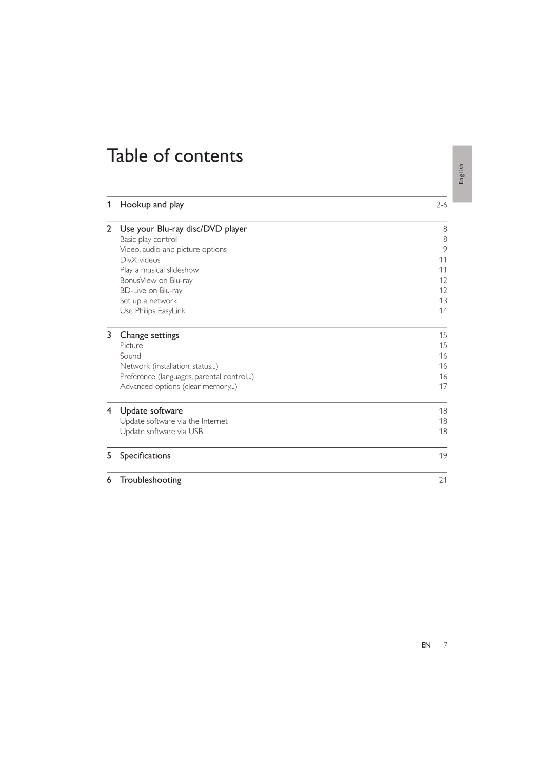 Philips BDP2600 user manual Table of contents 