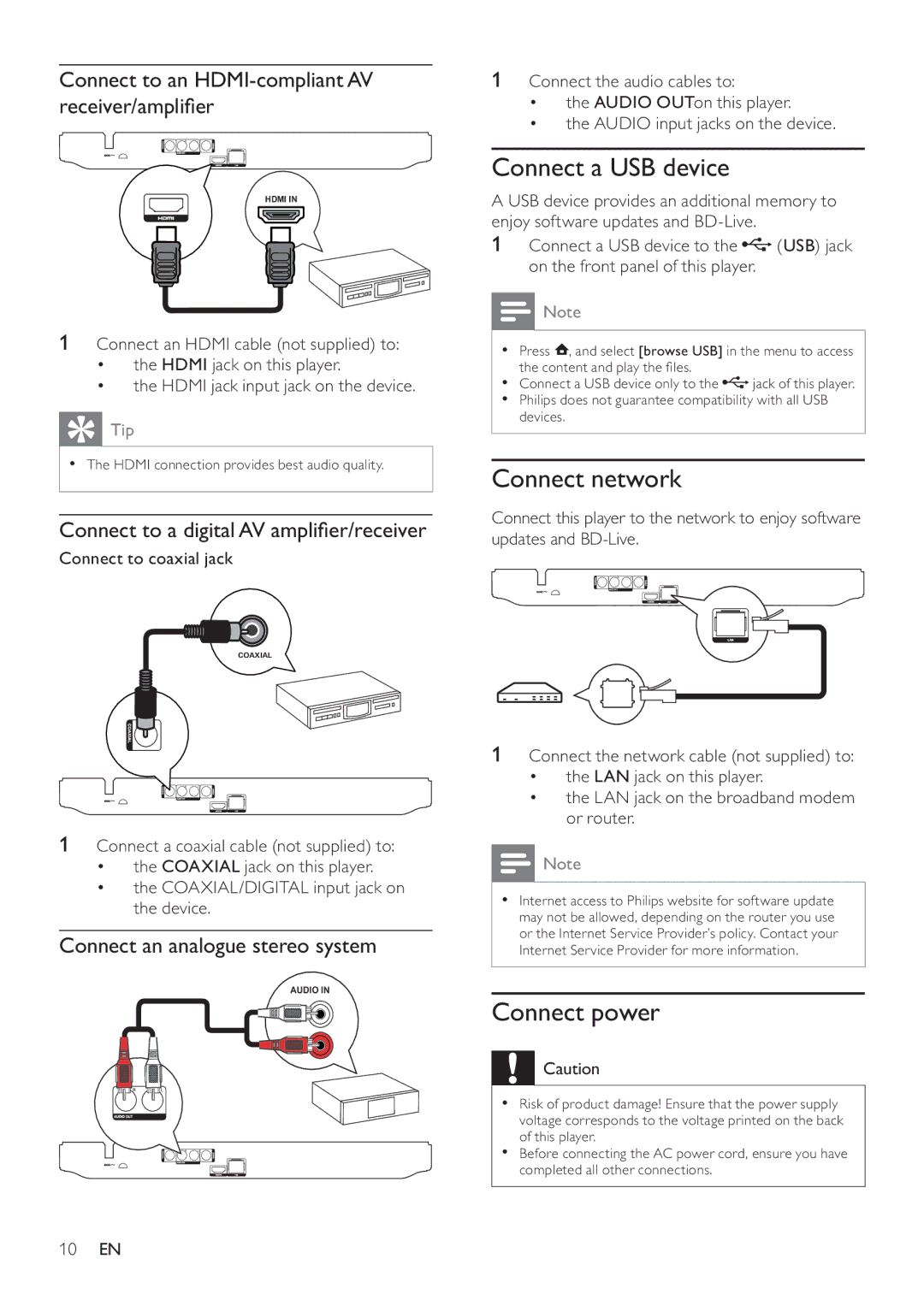 Philips BDP2700 user manual Connect a USB device, Connect network, Connect power 