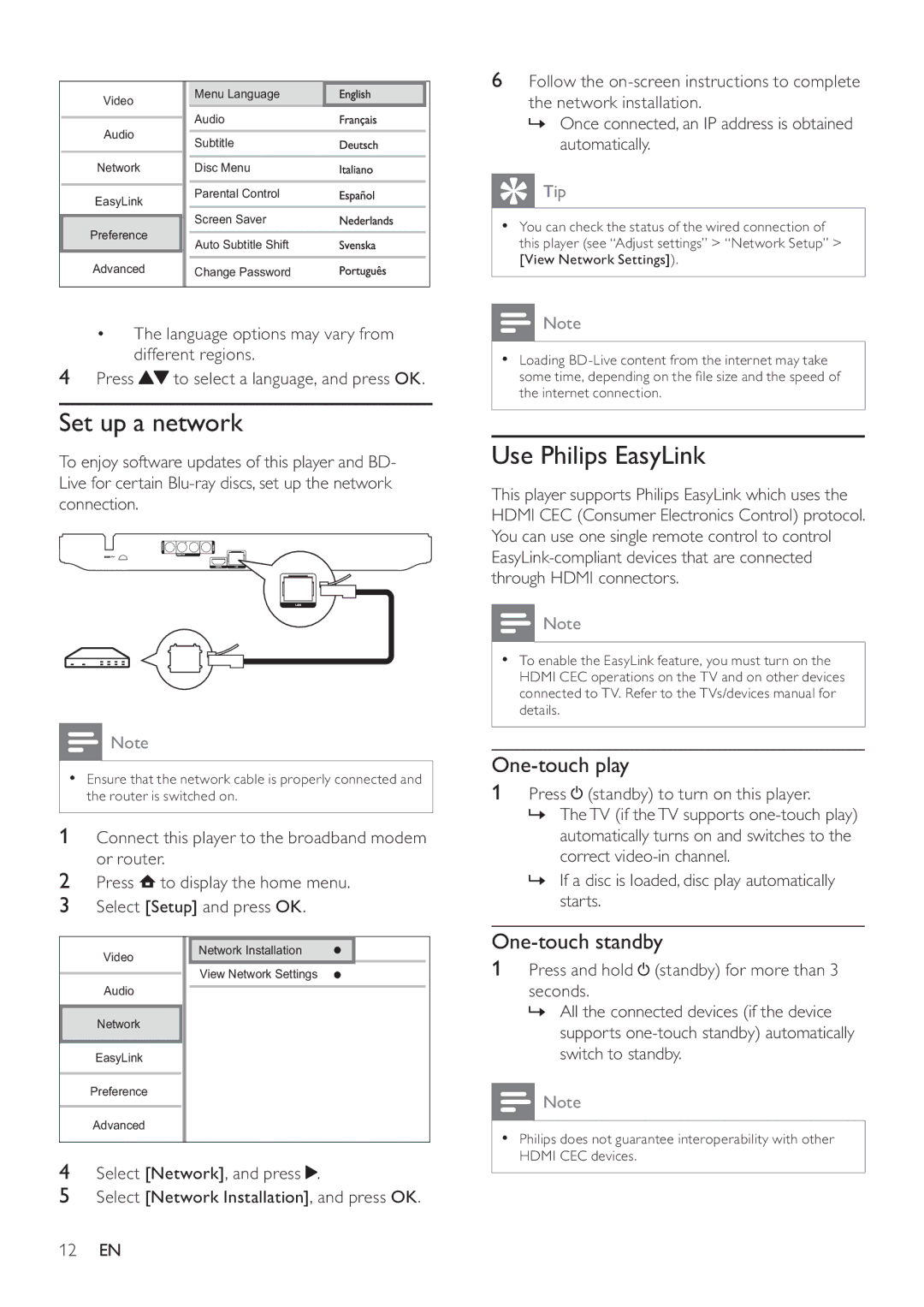 Philips BDP2700 user manual Set up a network, Use Philips EasyLink, One-touch play, One-touch standby 