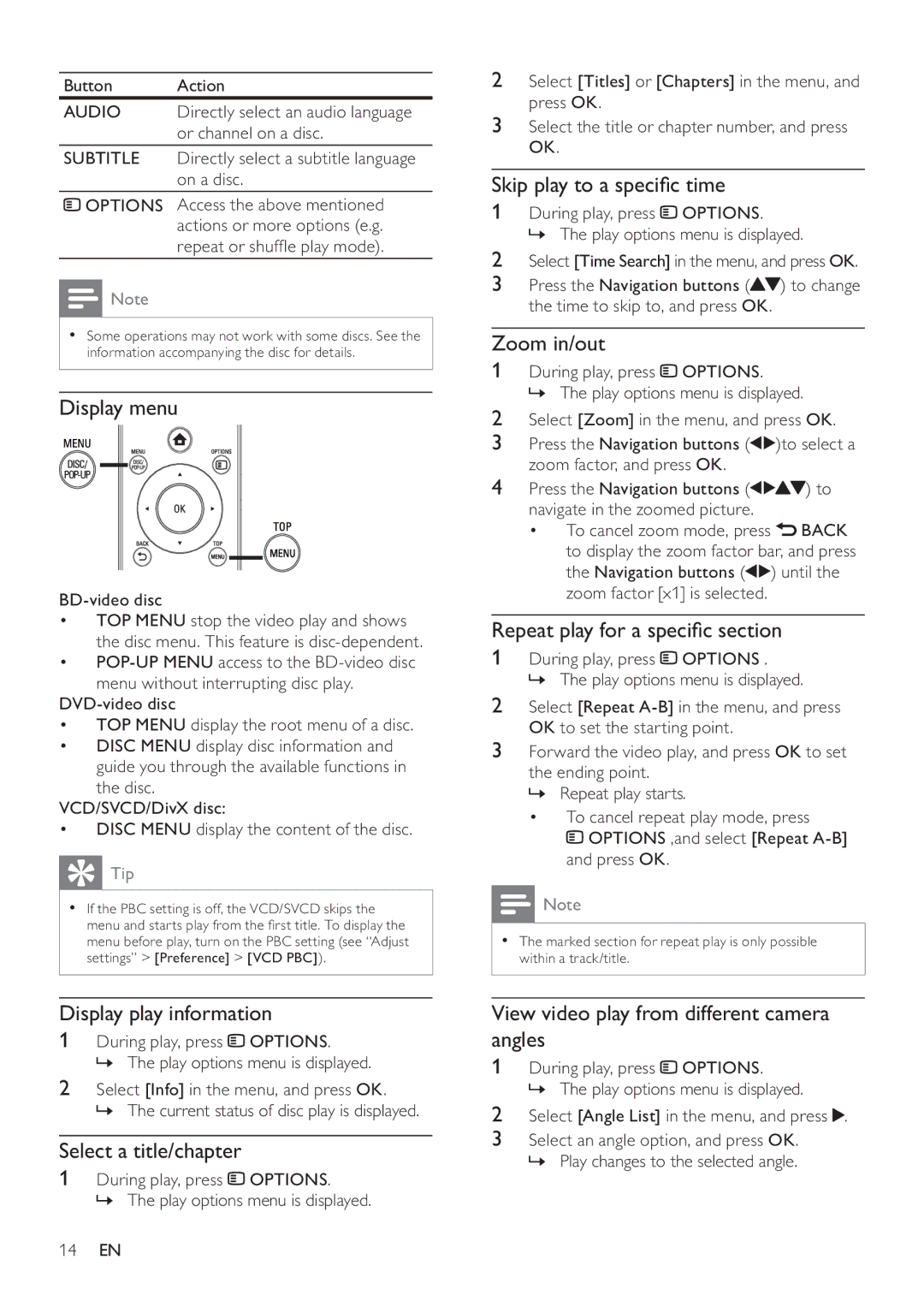 Philips BDP2700 Display menu, Display play information, Select a title/chapter, Skip play to a speciﬁc time, Zoom in/out 