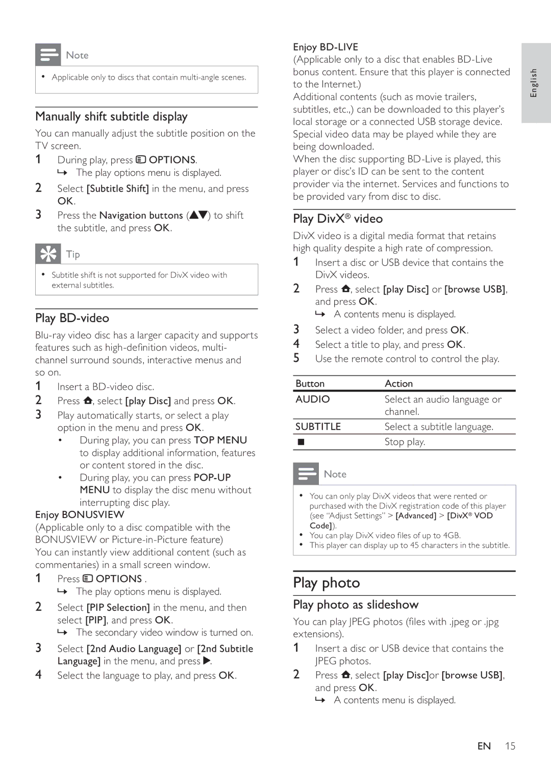 Philips BDP2700 user manual Manually shift subtitle display, Play BD-video, Play DivX video, Play photo as slideshow 