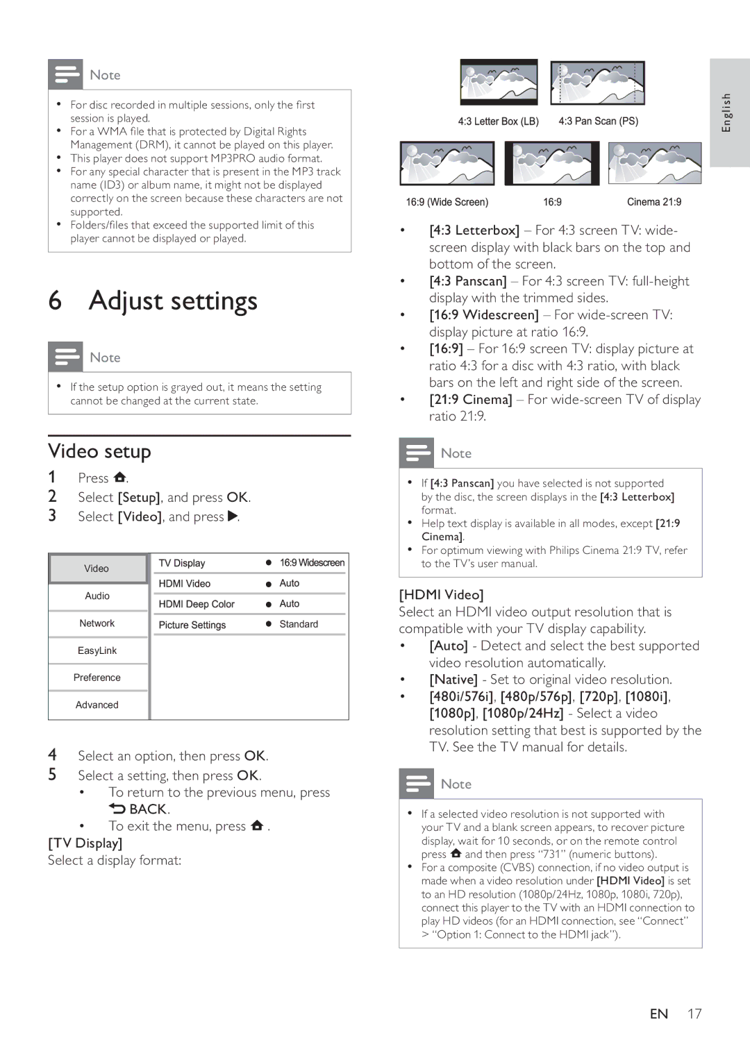 Philips BDP2700 Adjust settings, Video setup, Press Select Setup, and press OK Select Video, and press, Hdmi Video 