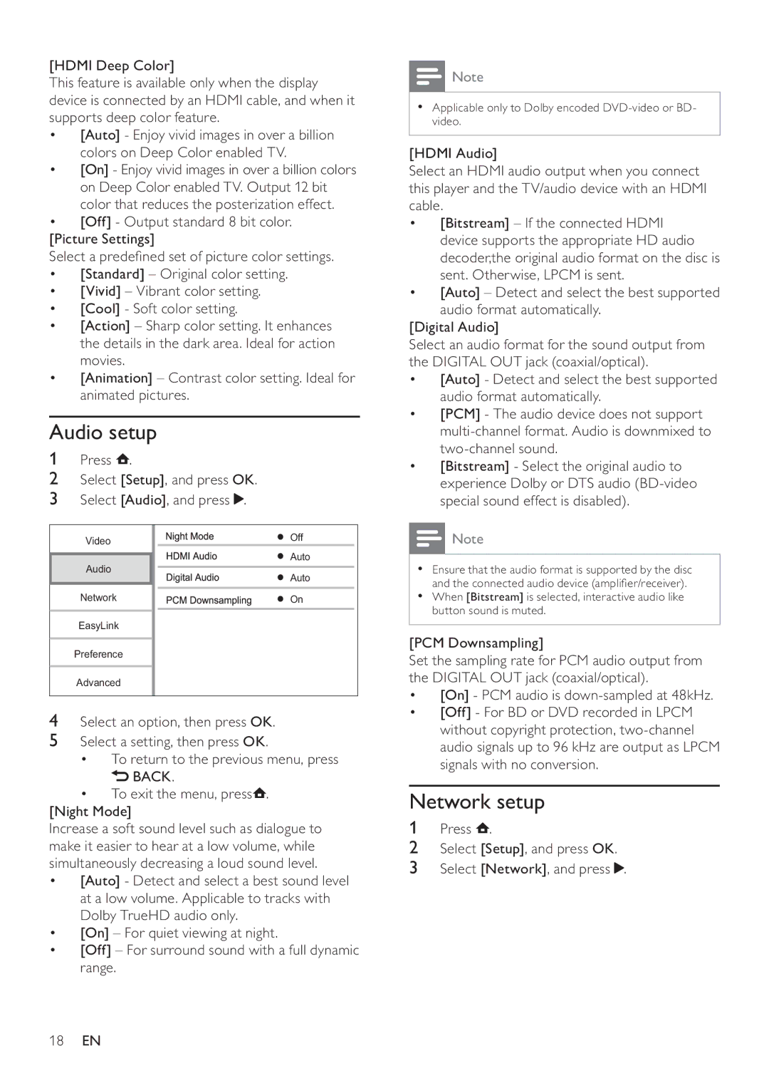 Philips BDP2700 user manual Audio setup, Network setup, Press Select Setup, and press OK Select Audio, and press 