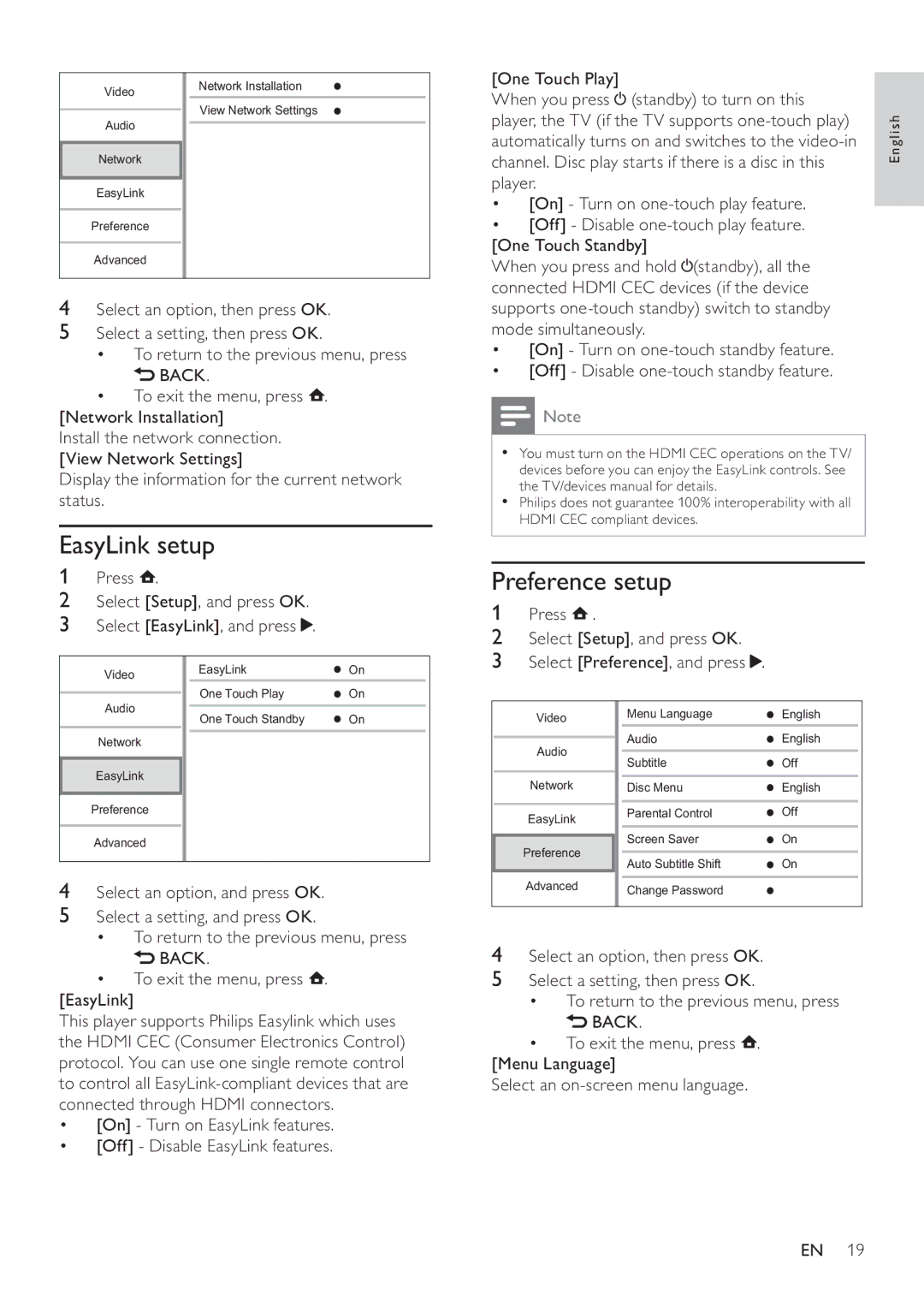 Philips BDP2700 user manual EasyLink setup, Preference setup, Display the information for the current network status 