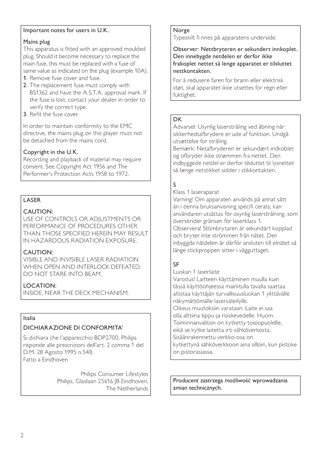 Philips BDP2700 user manual Important notes for users in U.K Mains plug, Laser, Italia, Dichiarazione DI CONFORMITA’ 