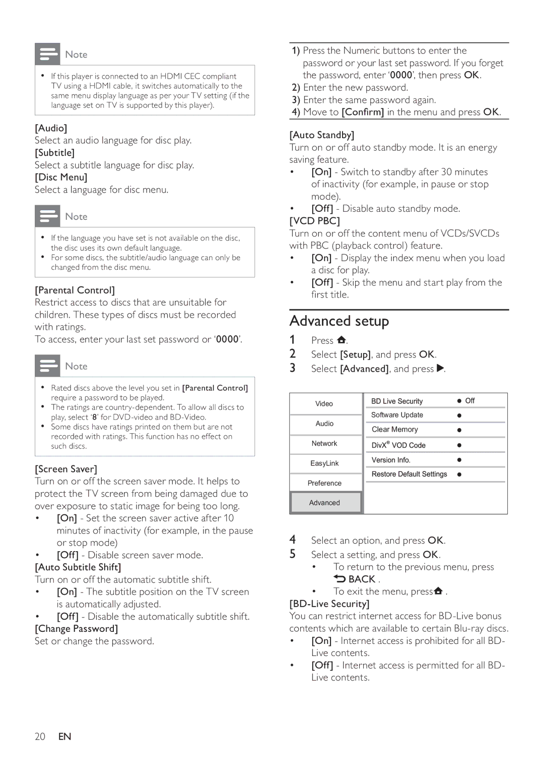 Philips BDP2700 user manual Advanced setup, Screen Saver, Press Select Setup, and press OK Select Advanced, and press 