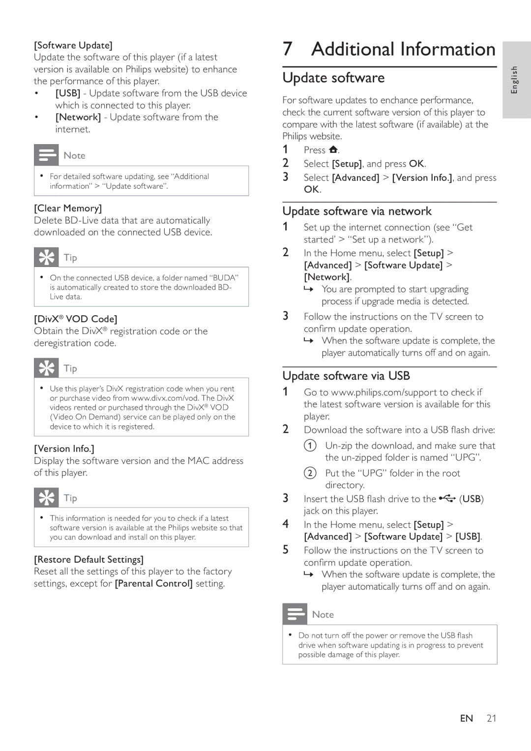 Philips BDP2700 user manual Additional Information, Update software via network, Update software via USB 