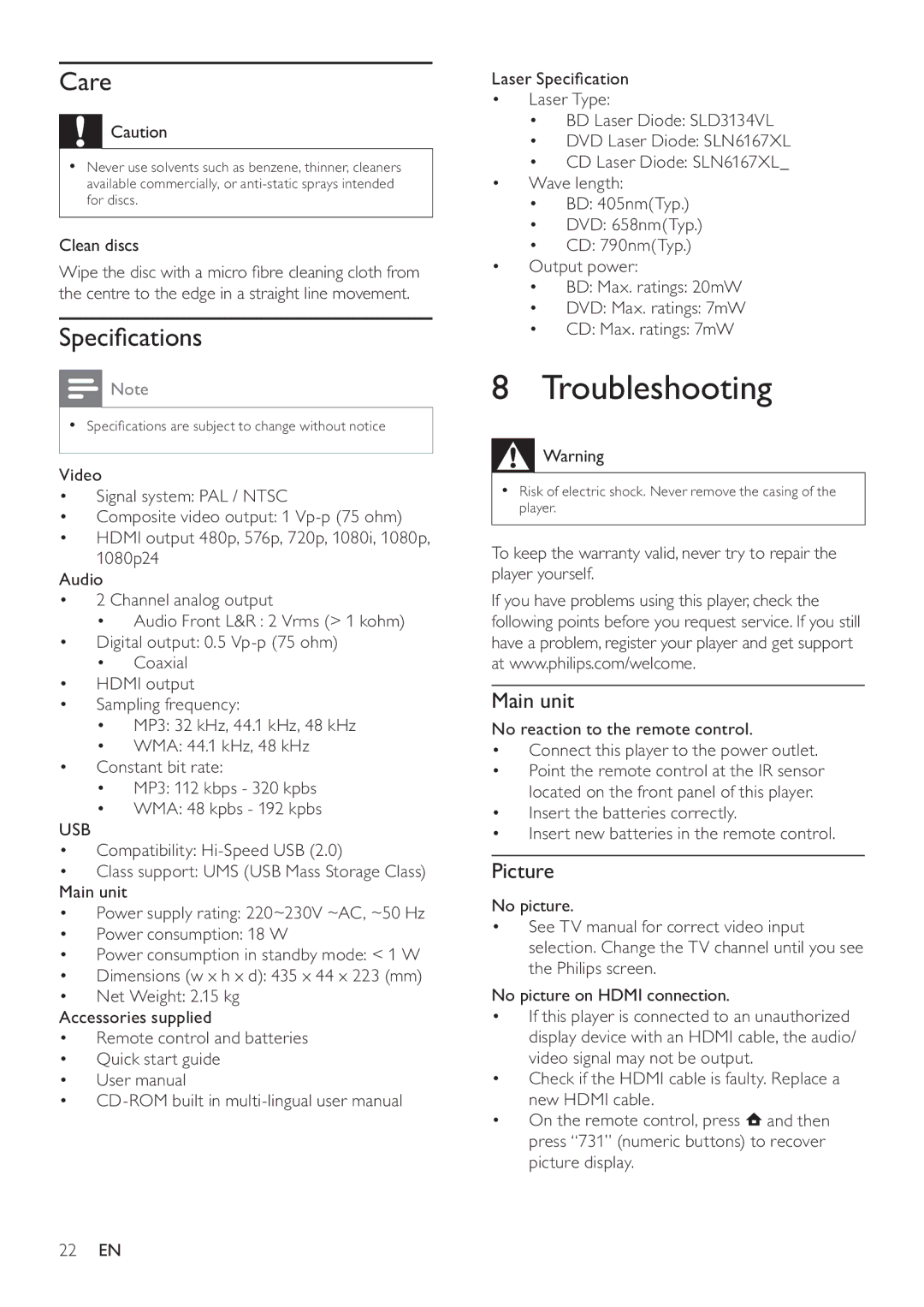 Philips BDP2700 user manual Troubleshooting, Care, Speciﬁcations, Picture, Usb 