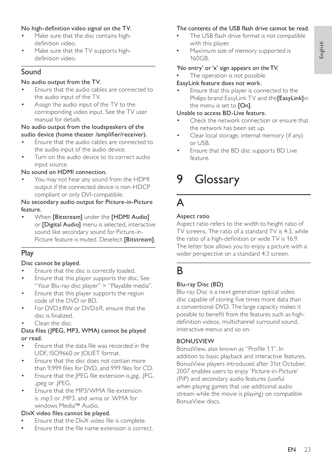 Philips BDP2700 user manual Glossary, Sound, Play 