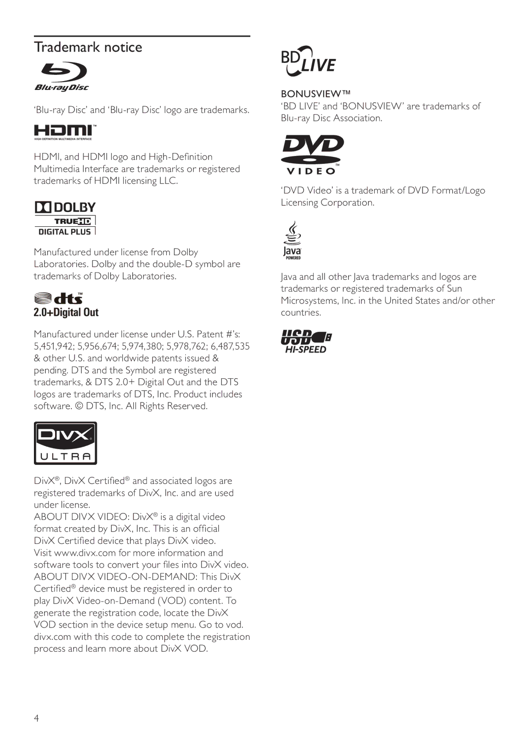 Philips BDP2700 user manual Trademark notice, Bonusview 