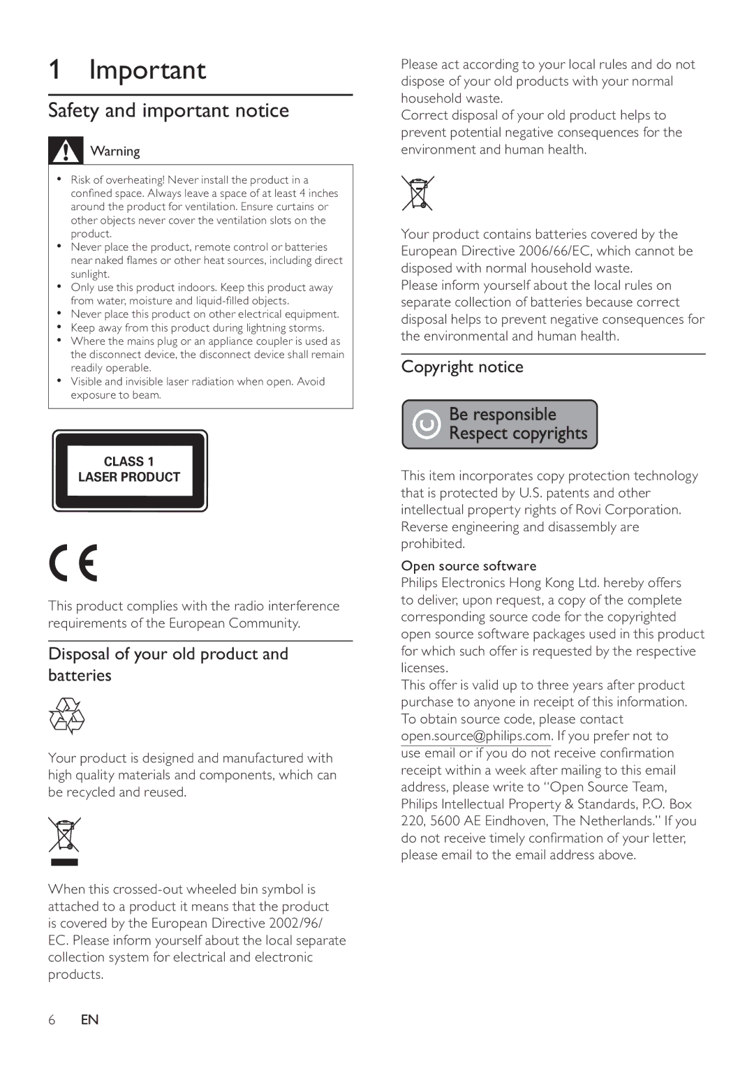 Philips BDP2700 user manual Safety and important notice, Disposal of your old product and batteries, Copyright notice 