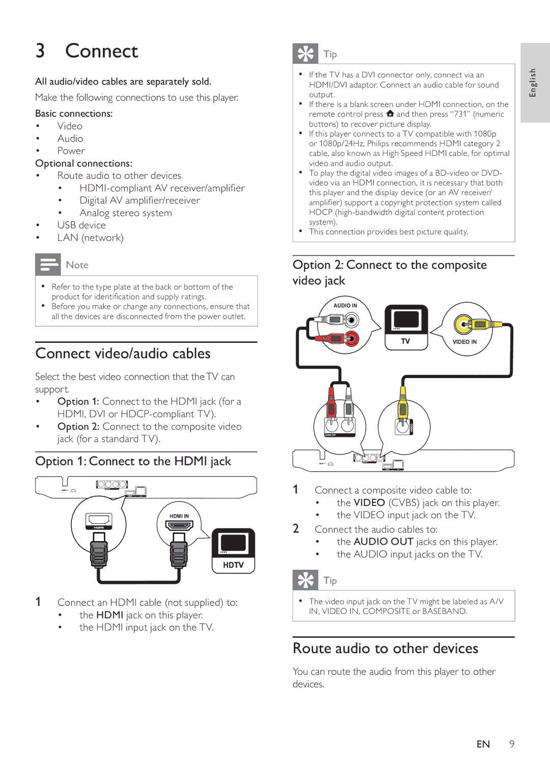 Philips BDP2700 user manual Connect video/audio cables, Route audio to other devices, Option 1 Connect to the Hdmi jack 