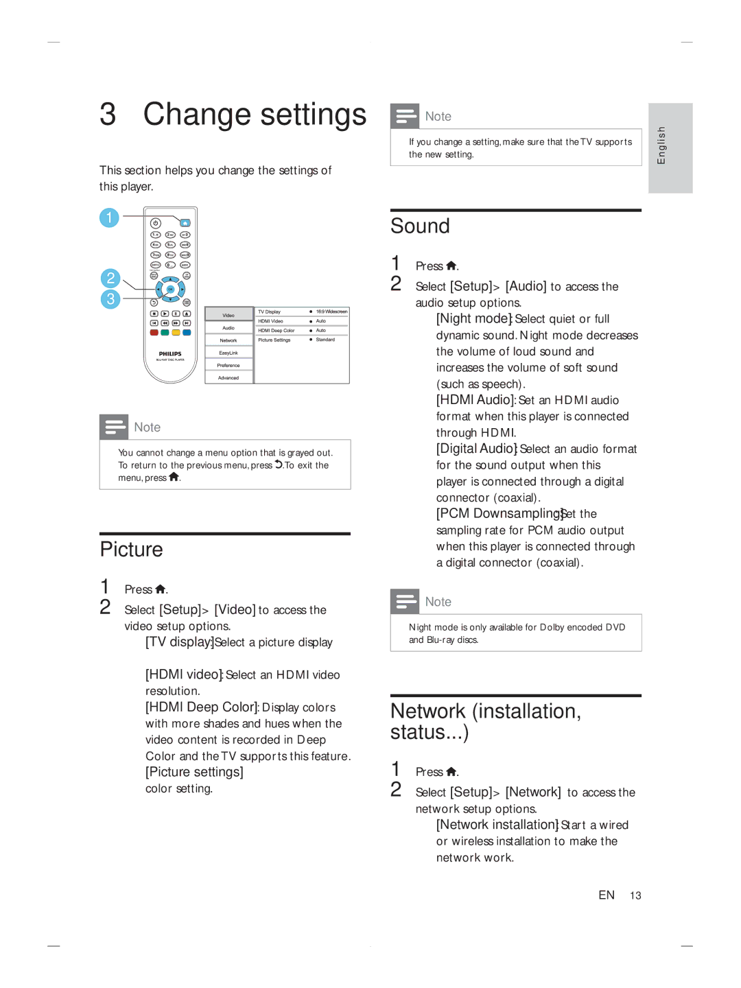 Philips BDP2900 user manual Change settings, Picture, Sound, Network installation, status 