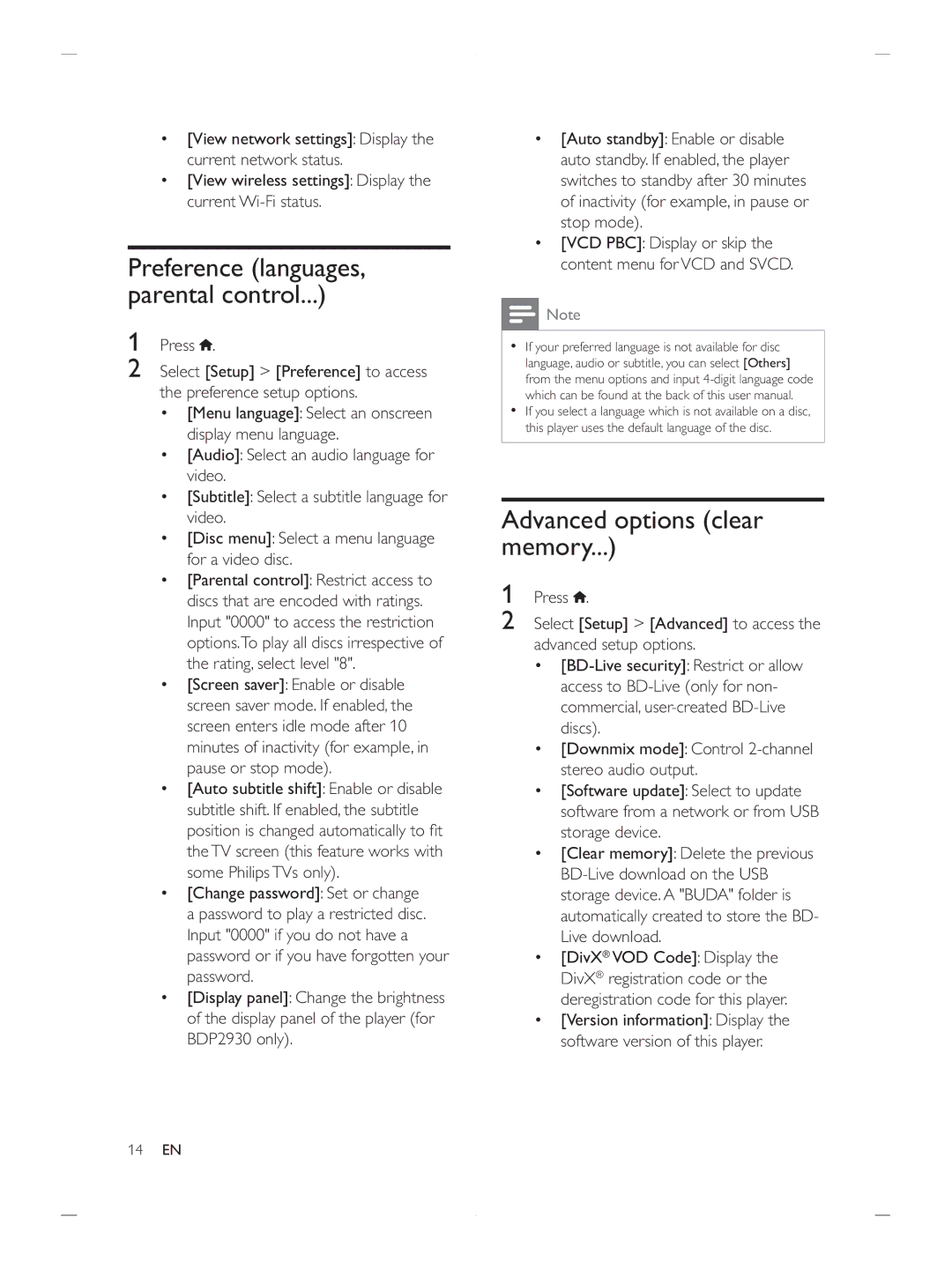 Philips BDP2900 user manual Advanced options clear memory, Preference languages, parental control 