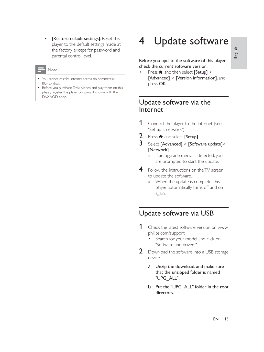 Philips BDP2900 user manual Update software via Internet, Update software via USB 