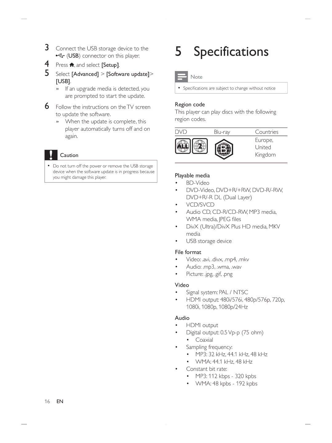 Philips BDP2900 user manual Specifications, Dvd 