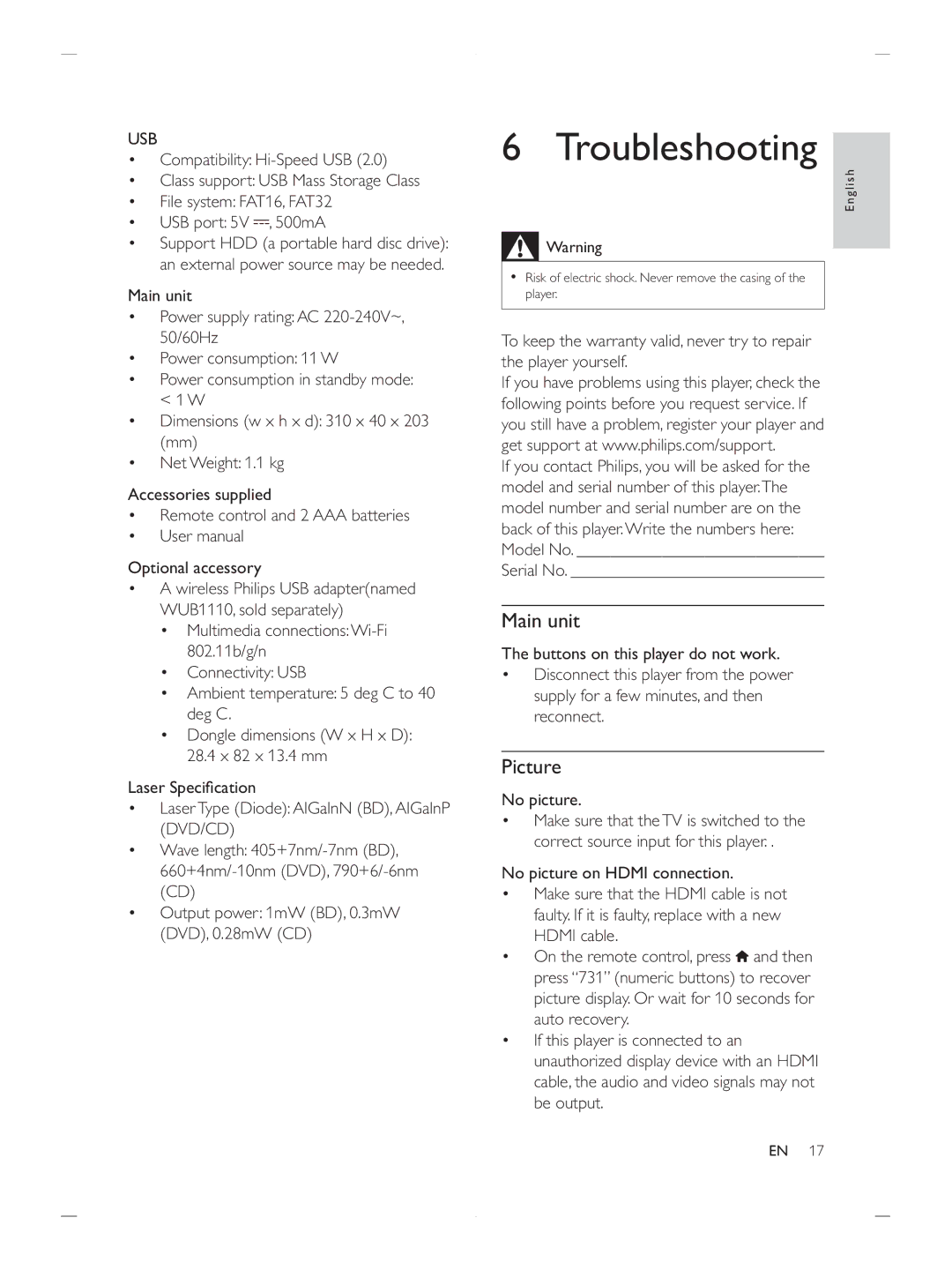 Philips BDP2900 user manual Troubleshooting, Usb 