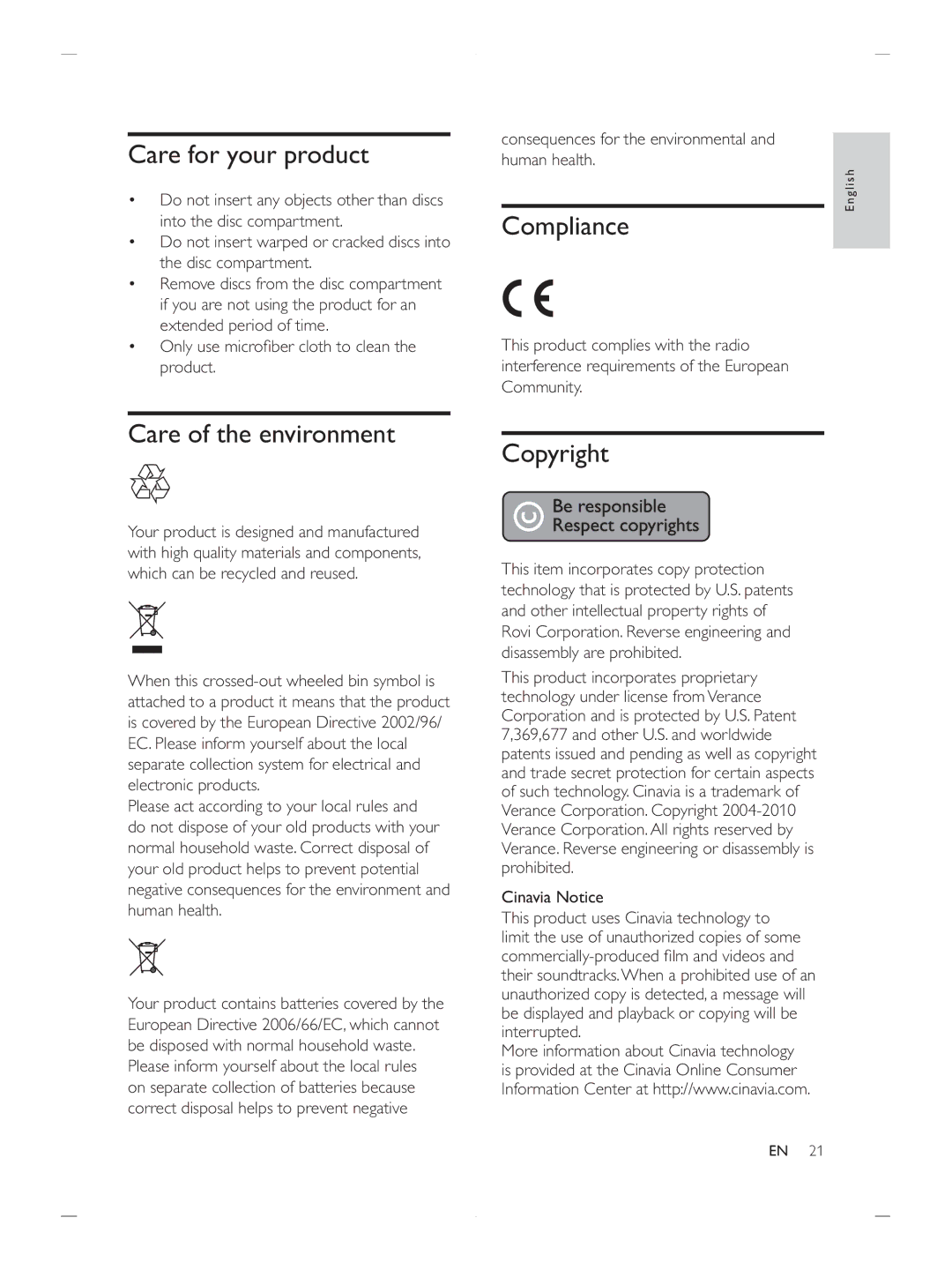 Philips BDP2900 user manual Care for your product, Care of the environment, Compliance, Copyright 