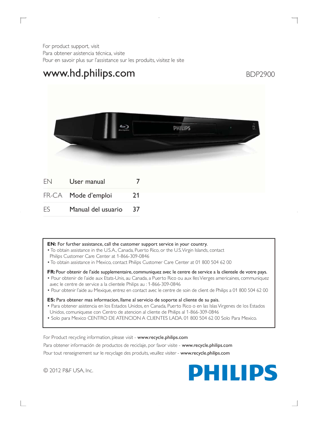 Philips BDP2900/F7 user manual Fr-Ca, Mode d’emploi Manual del usuario 