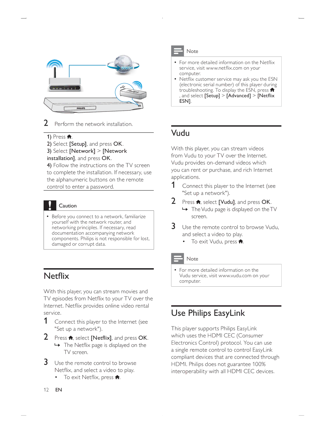 Philips BDP2900/F7 user manual Vudu, Use Philips EasyLink 