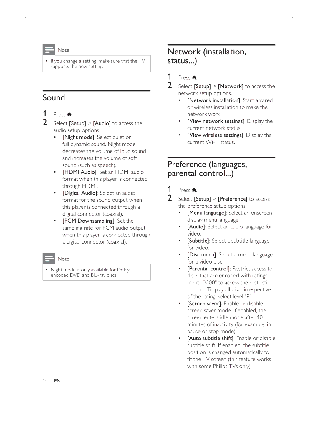 Philips BDP2900/F7 user manual Sound, Network installation, status 