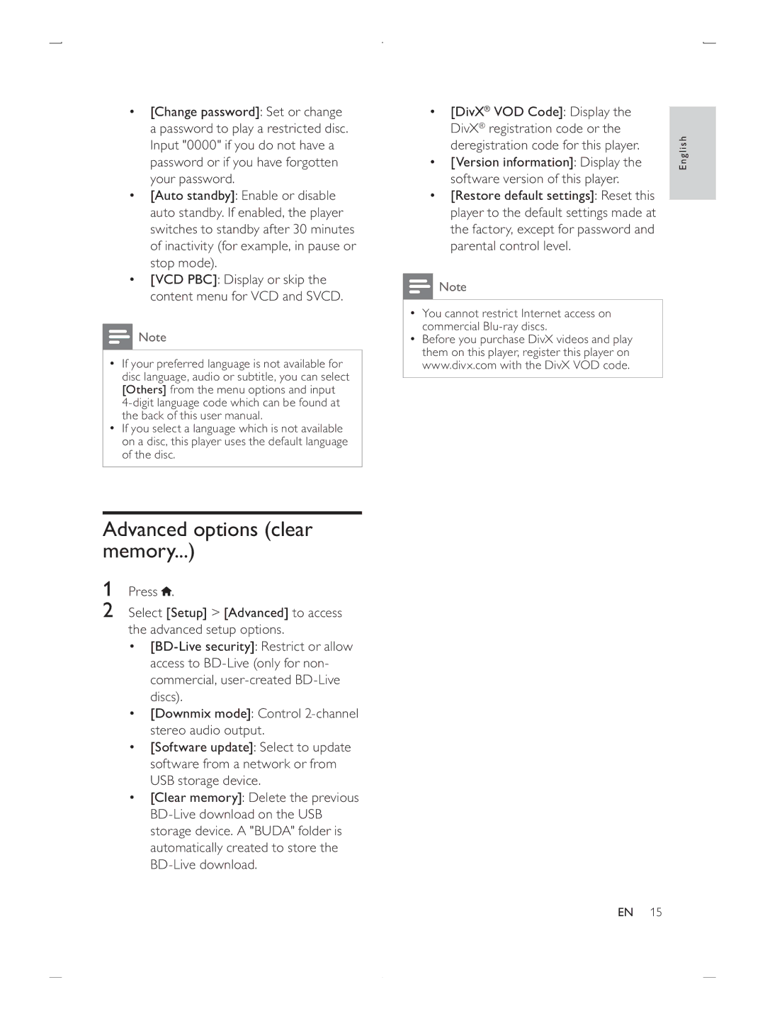 Philips BDP2900/F7 user manual Advanced options clear memory, Vcd Pbc 