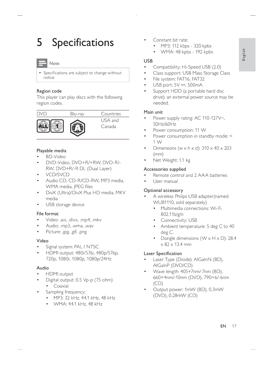 Philips BDP2900/F7 user manual Specifications 