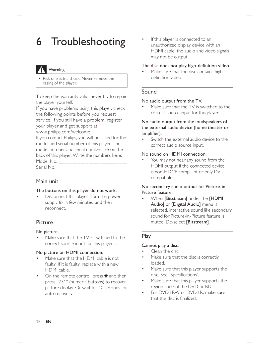 Philips BDP2900/F7 user manual Troubleshooting, Sound, Main unit, Picture, Play 