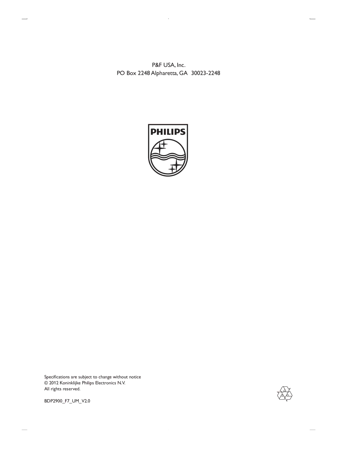 Philips BDP2900/F7 user manual USA, Inc PO Box 2248 Alpharetta, GA 