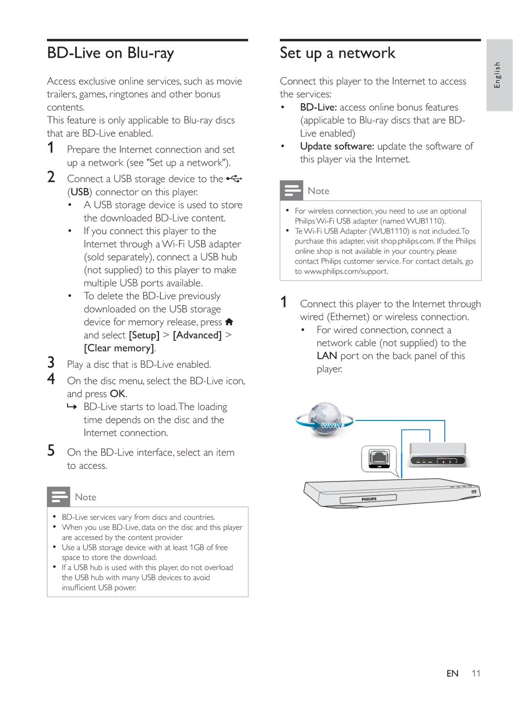 Philips BDP2930 user manual BD-Live on Blu-ray, Set up a network, To delete the BD-Live previously 