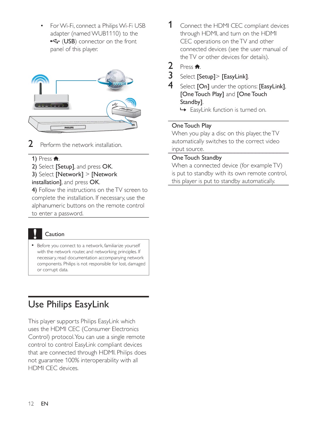 Philips BDP2930 user manual Use Philips EasyLink, Press Select Setup EasyLink 