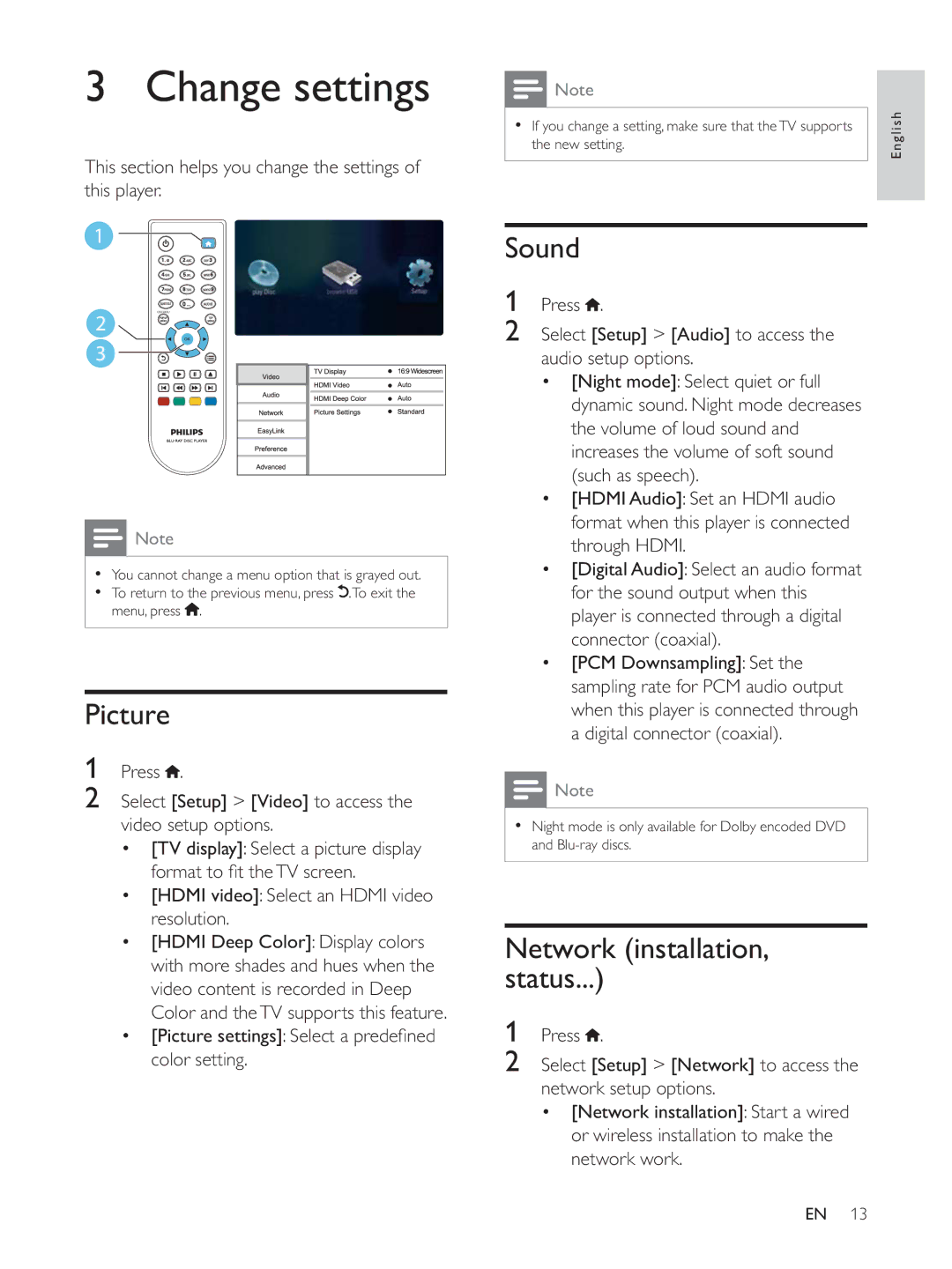 Philips BDP2930 user manual Change settings, Picture, Sound, This section helps you change the settings of this player 