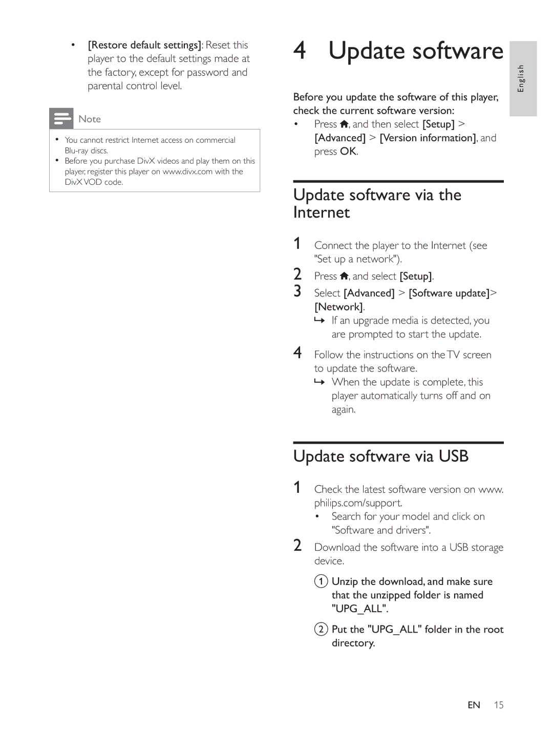 Philips BDP2930 user manual Update software via Internet, Update software via USB 