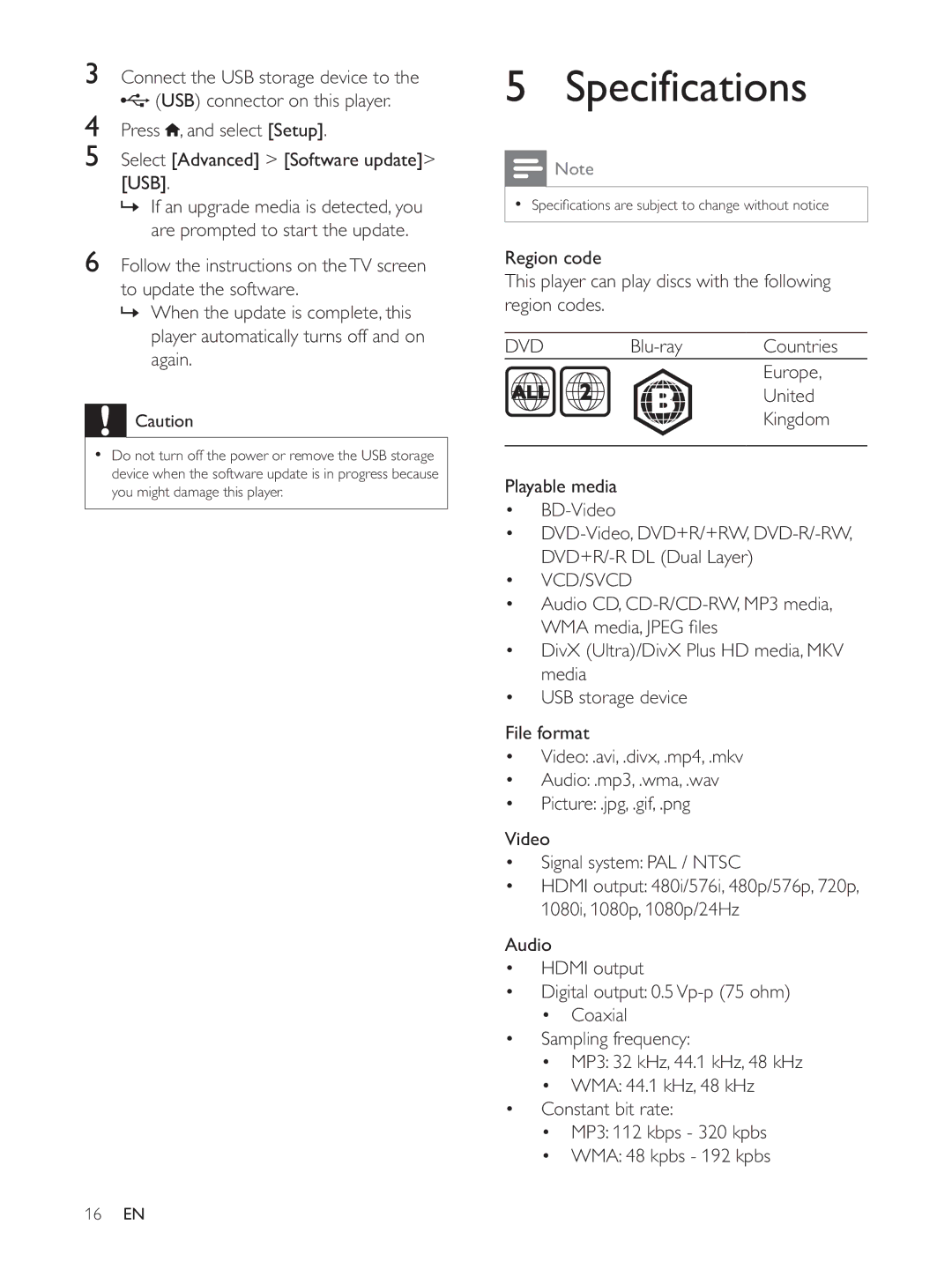 Philips BDP2930 user manual Specifications, Dvd, Vcd/Svcd 