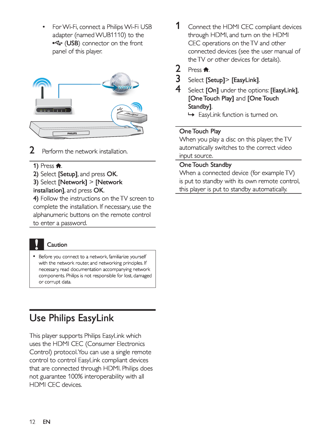 Philips BDP2930 user manual Use Philips EasyLink, Perform the network installation 1 Press, Select Setup, and press OK 