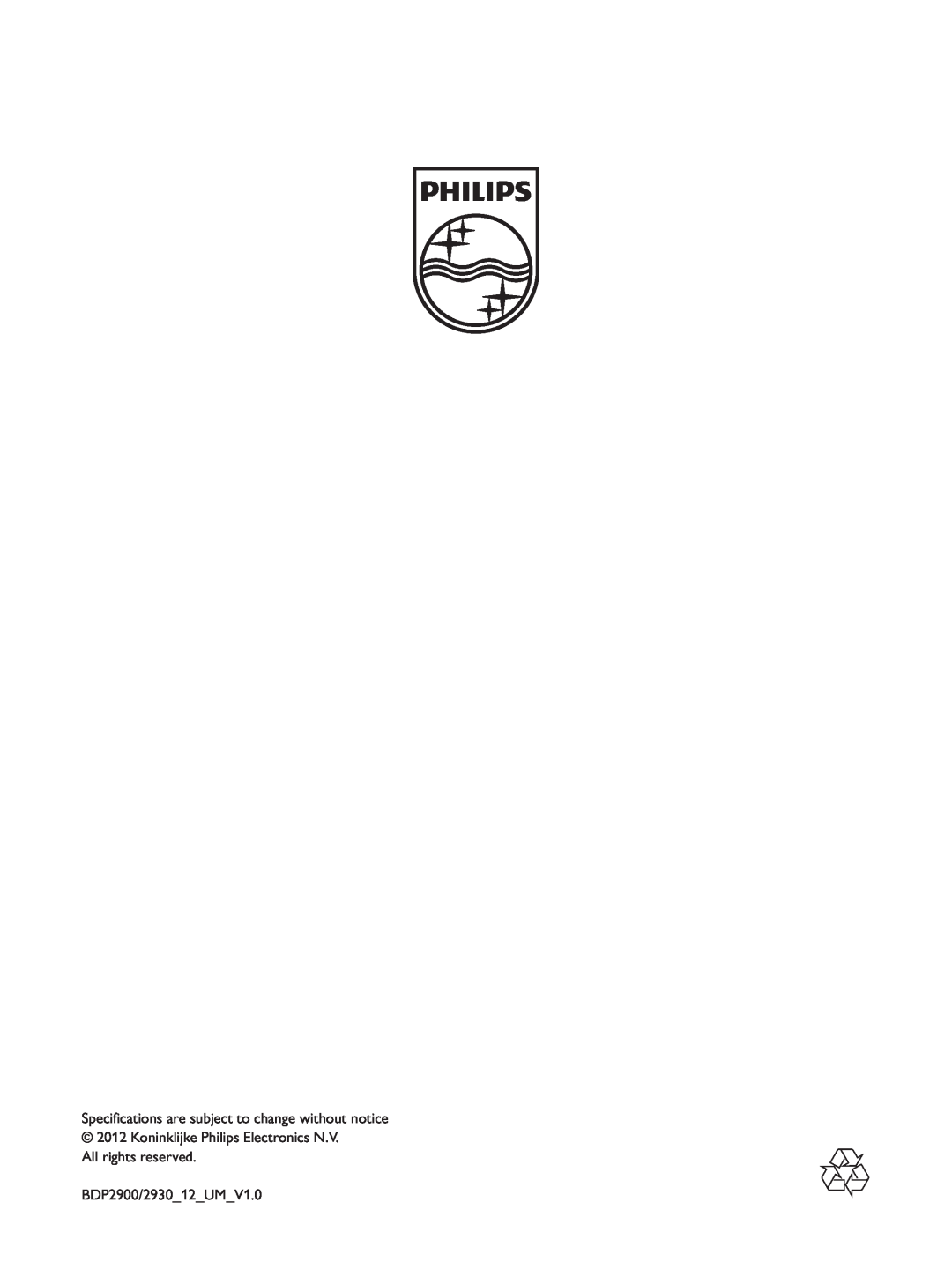 Philips BDP2930 user manual Specifications are subject to change without notice, BDP2900/293012UMV1.0 