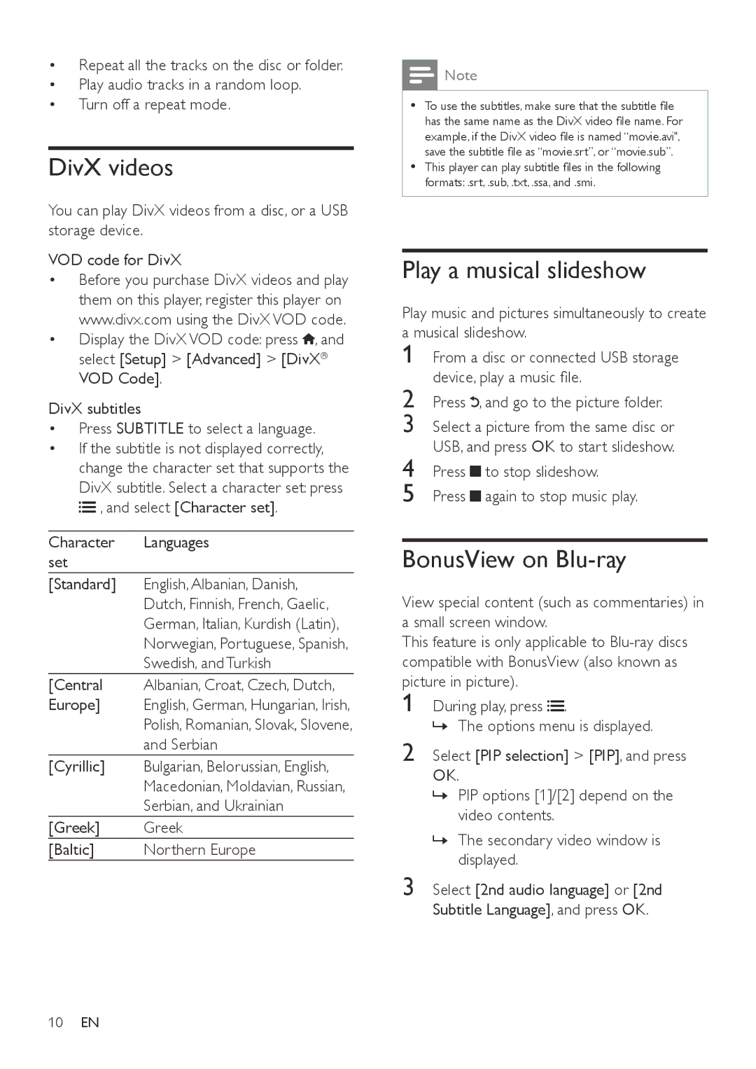 Philips BDP2980, BDP2982 user manual DivX videos, Play a musical slideshow, BonusView on Blu-ray 