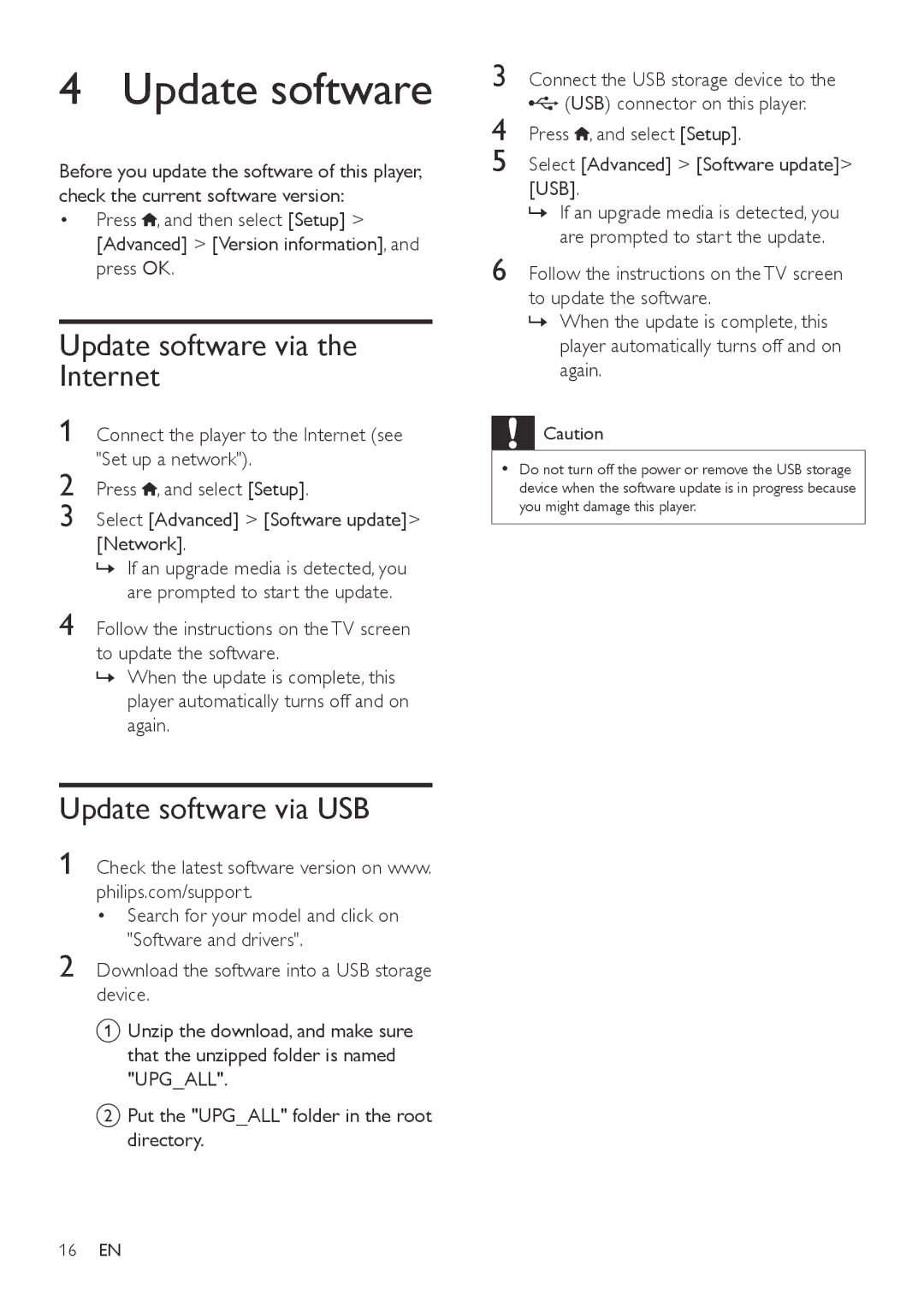 Philips BDP2980, BDP2982 user manual Update software via the Internet, Update software via USB 