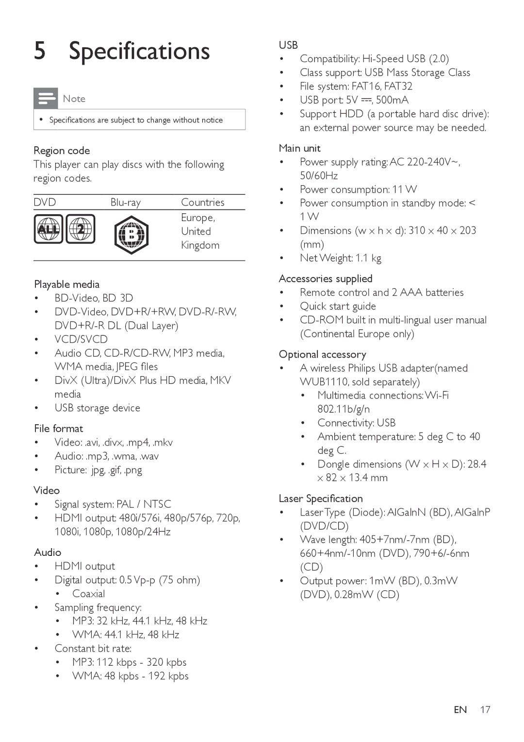 Philips BDP2982, BDP2980 user manual Specifications, Dvd, Vcd/Svcd, Usb 